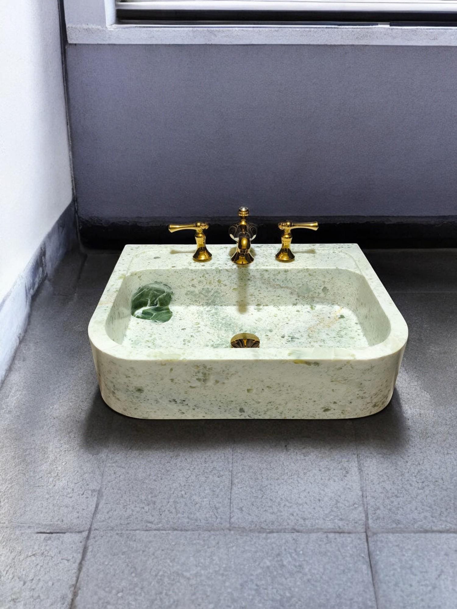 Yeşil Mermer Lavabo – Oval Form Tezgah Üstü Doğal Taş Vessel Sink (24") - Görsel 8