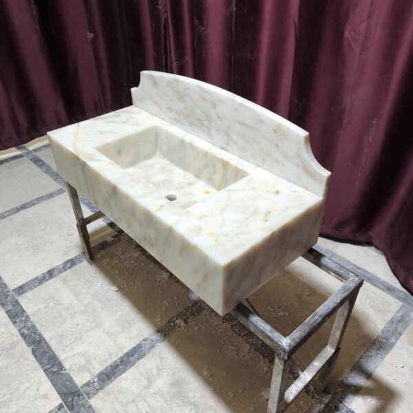 El Yapımı Calacatta Gold Mermer Lavabo – Dikdörtgen Sırt Panelli Banyo Tezgah Lavabosu