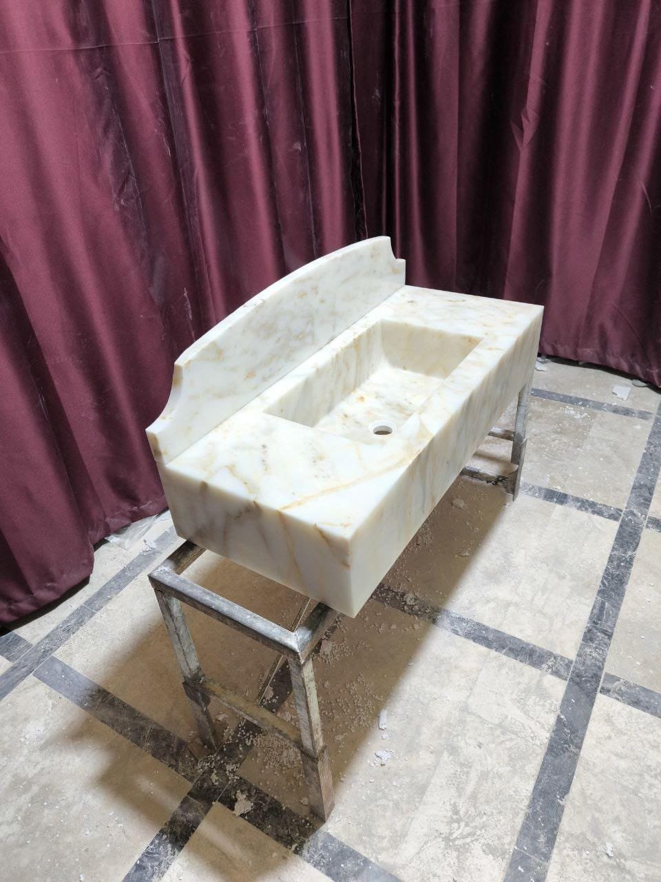 El Yapımı Calacatta Gold Mermer Lavabo – Dikdörtgen Sırt Panelli Banyo Tezgah Lavabosu - Görsel 2