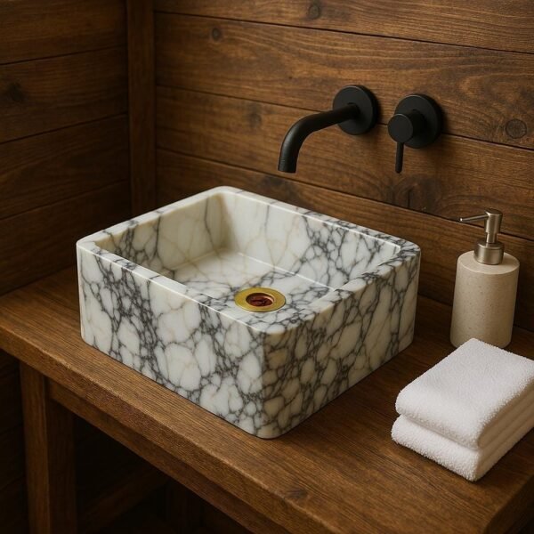 El Yapımı Calacatta Viola Mermer Lavabo – Lüks Küçük Boy Banyo Lavabosu (12x18x8”)