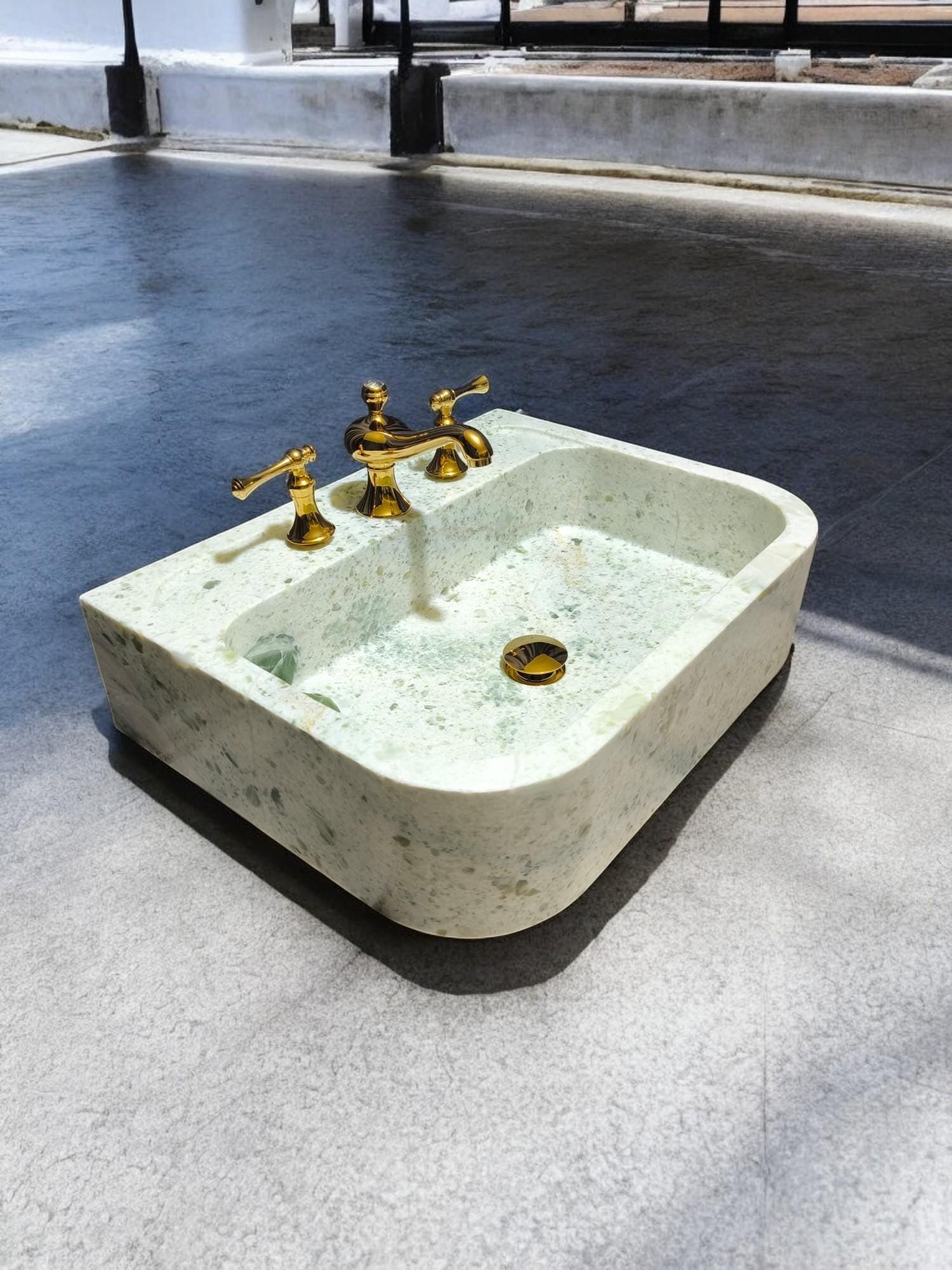 Yeşil Mermer Lavabo – Oval Form Tezgah Üstü Doğal Taş Vessel Sink (24") - Görsel 2