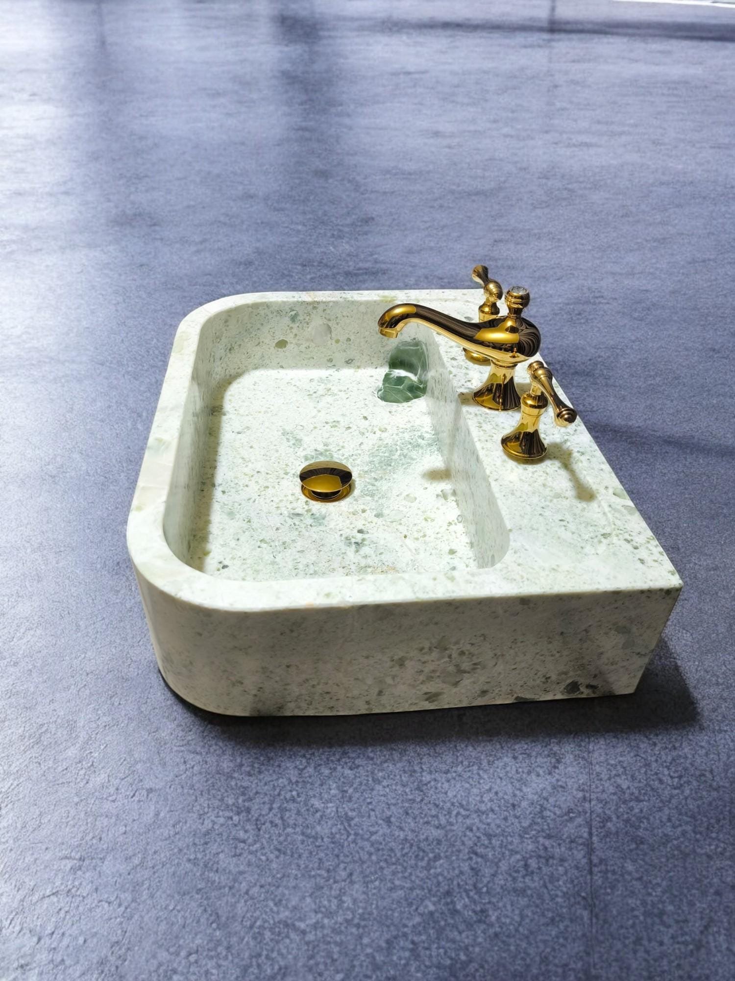 Yeşil Mermer Lavabo – Oval Form Tezgah Üstü Doğal Taş Vessel Sink (24") - Görsel 6