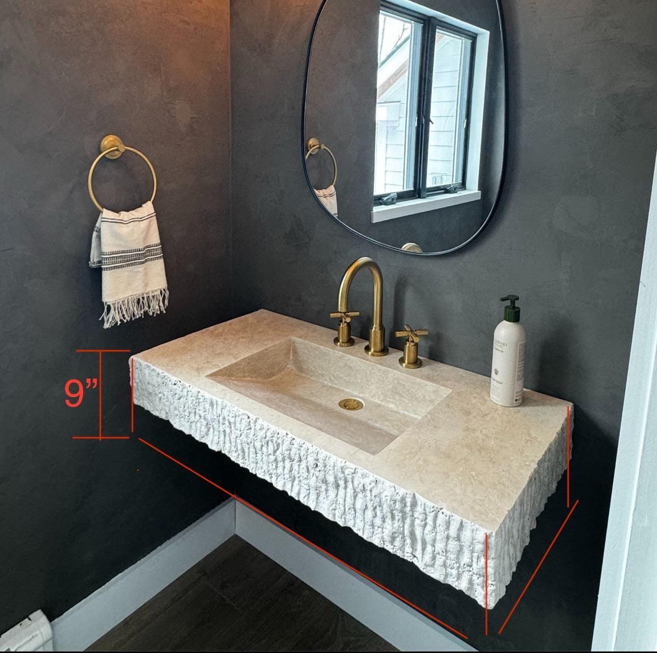 Traverten Mermer Lavabo – Split Face Yüzeyli Duvara Monte Rustic Vanity - Görsel 9