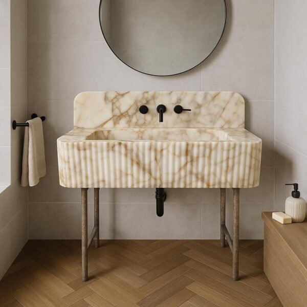 Calacatta Gold Mermer Lavabo – Yivli (Fluted) Backsplash’li Lüks Banyo Tezgahı (42")