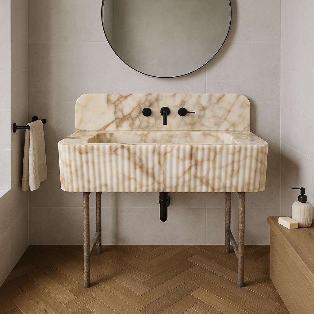 Calacatta Gold Mermer Lavabo – Yivli (Fluted) Backsplash’li Lüks Banyo Tezgahı (42")