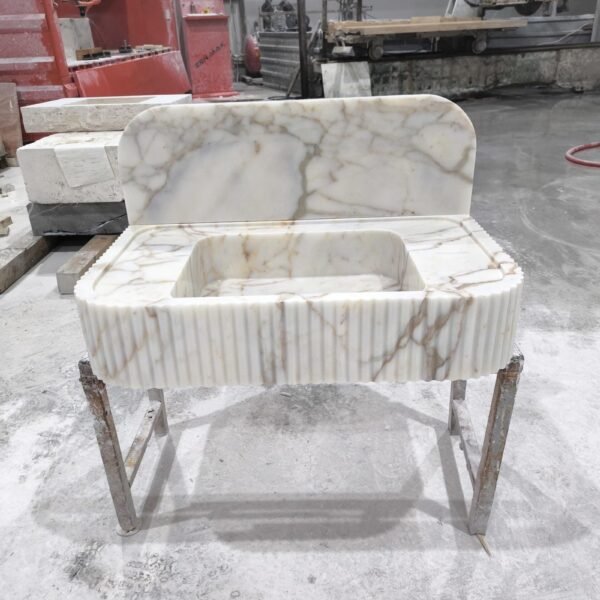 Calacatta Gold Marble Sink: Fluted Stone Vanity with Backsplash