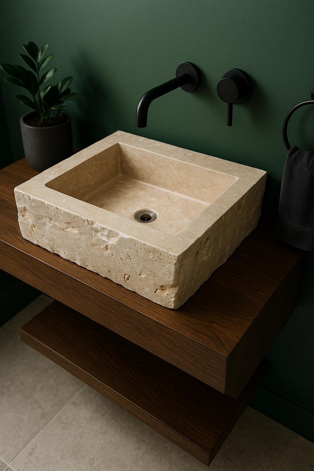 Traverten Taş Lavabo – Kare Tezgah Üstü Rustik Doğal Banyo Lavabosu (19x19") - Görsel 5