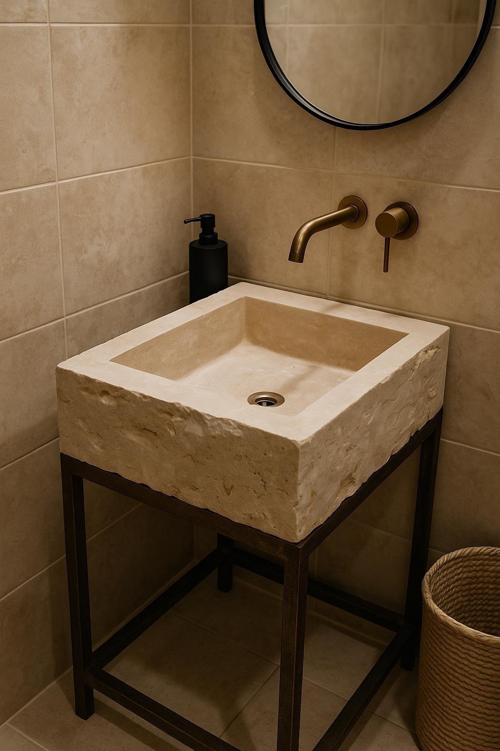 Traverten Taş Lavabo – Kare Tezgah Üstü Rustik Doğal Banyo Lavabosu (19x19") - Görsel 3
