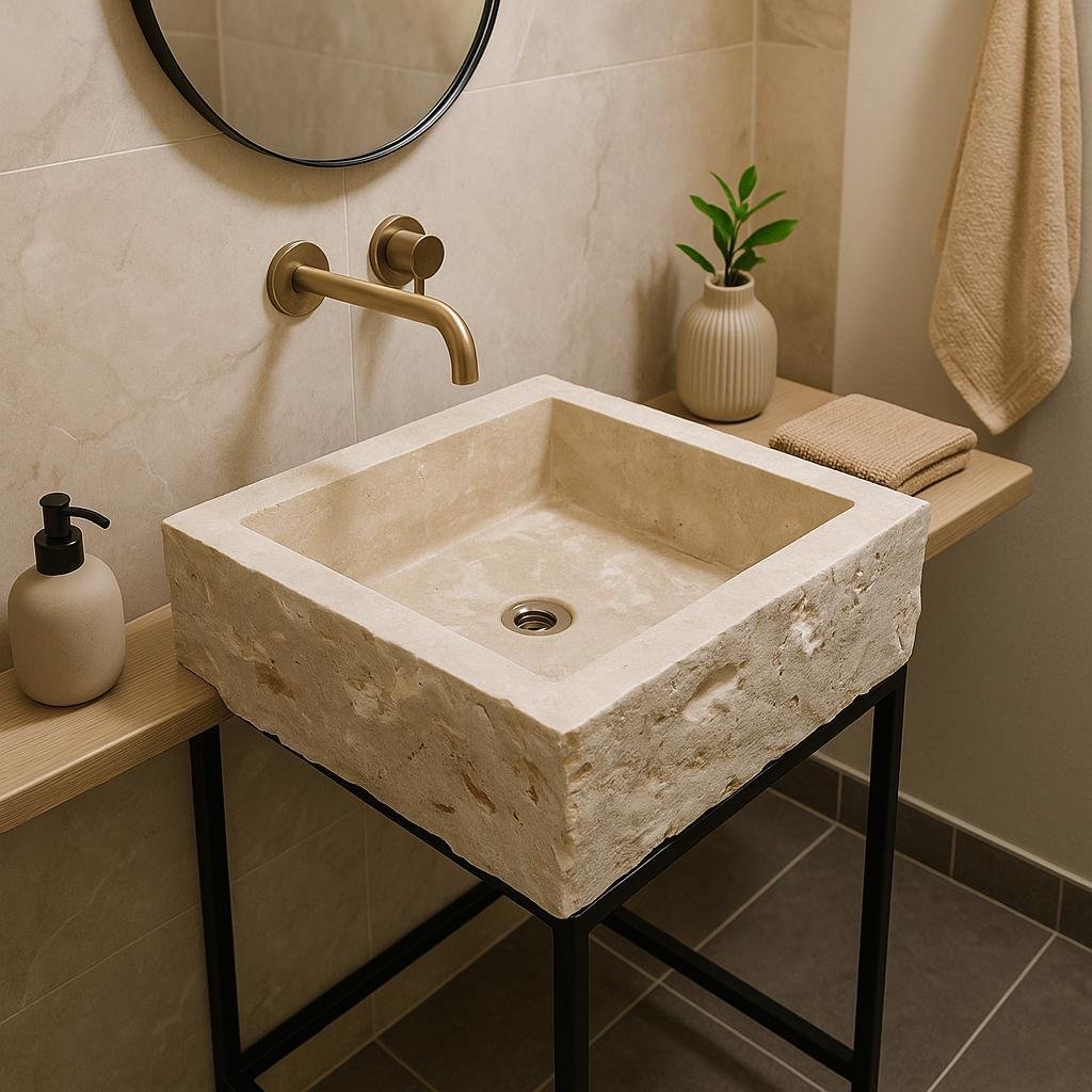 Traverten Taş Lavabo – Kare Tezgah Üstü Rustik Doğal Banyo Lavabosu (19x19") - Görsel 4