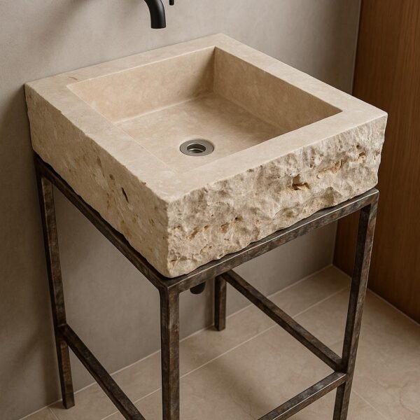 Traverten Taş Lavabo – Kare Tezgah Üstü Rustik Doğal Banyo Lavabosu (19x19")