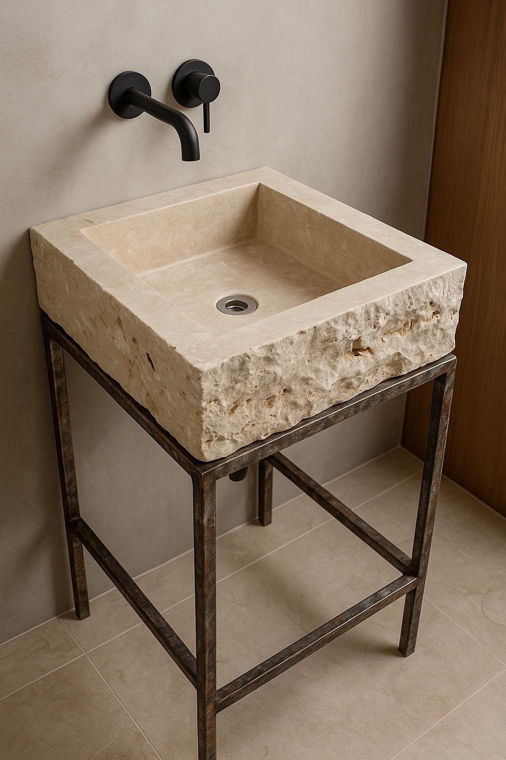 Traverten Taş Lavabo – Kare Tezgah Üstü Rustik Doğal Banyo Lavabosu (19x19")