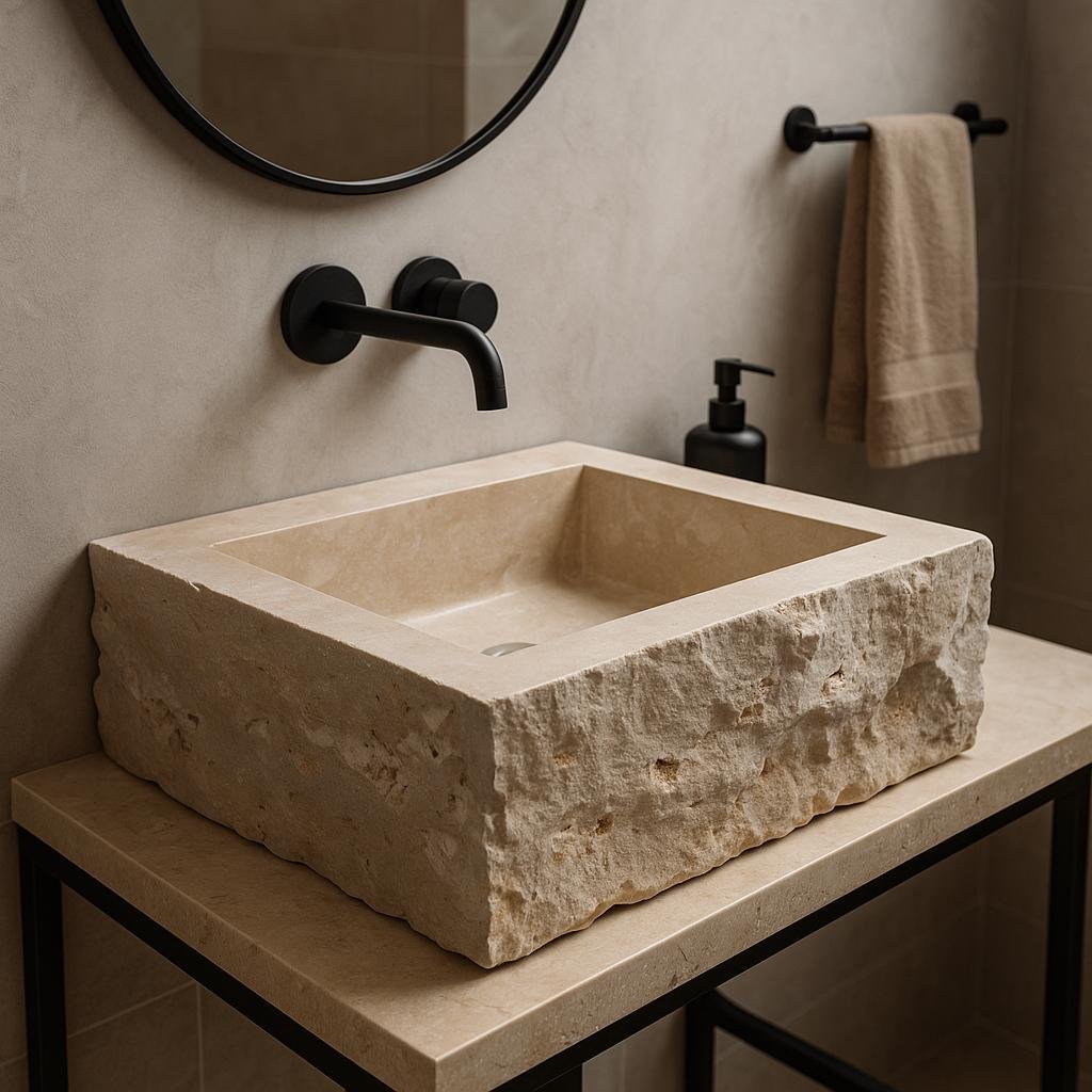 Traverten Taş Lavabo – Kare Tezgah Üstü Rustik Doğal Banyo Lavabosu (19x19") - Görsel 2
