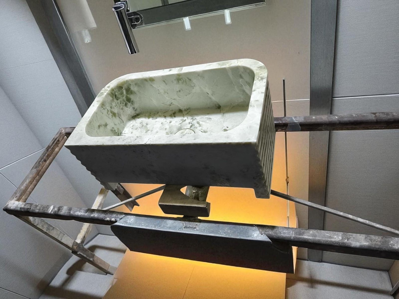 Yeşil Mermer Lavabo – Fluted Yüzeyli El Yapımı Minimalist Stone Basin - Görsel 8