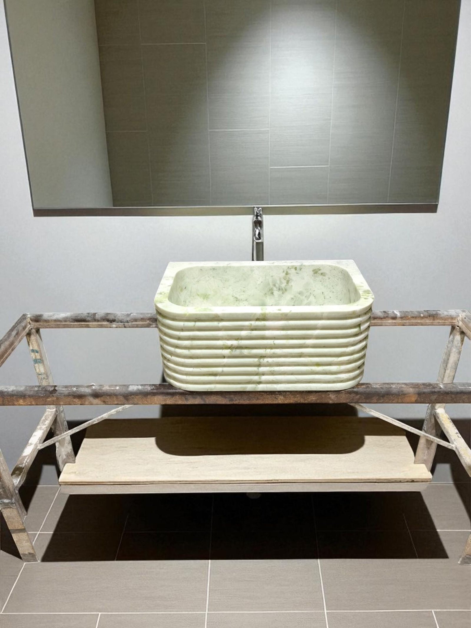 Yeşil Mermer Lavabo – Fluted Yüzeyli El Yapımı Minimalist Stone Basin - Görsel 2