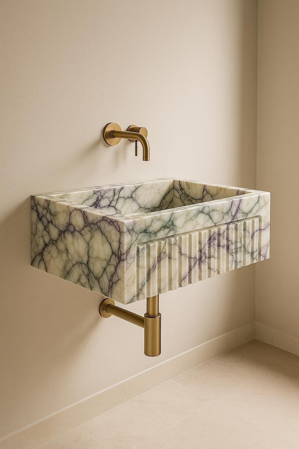 Calacatta Viola Mermer Lavabo – Fluted Ön Yüzeyli Duvara Monte Modern Vanity