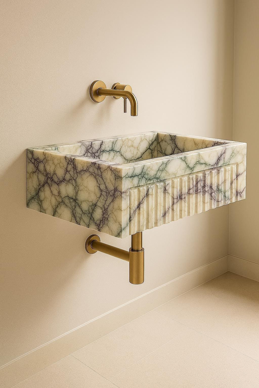 Calacatta Viola Mermer Lavabo – Fluted Ön Yüzeyli Duvara Monte Modern Vanity - Görsel 2