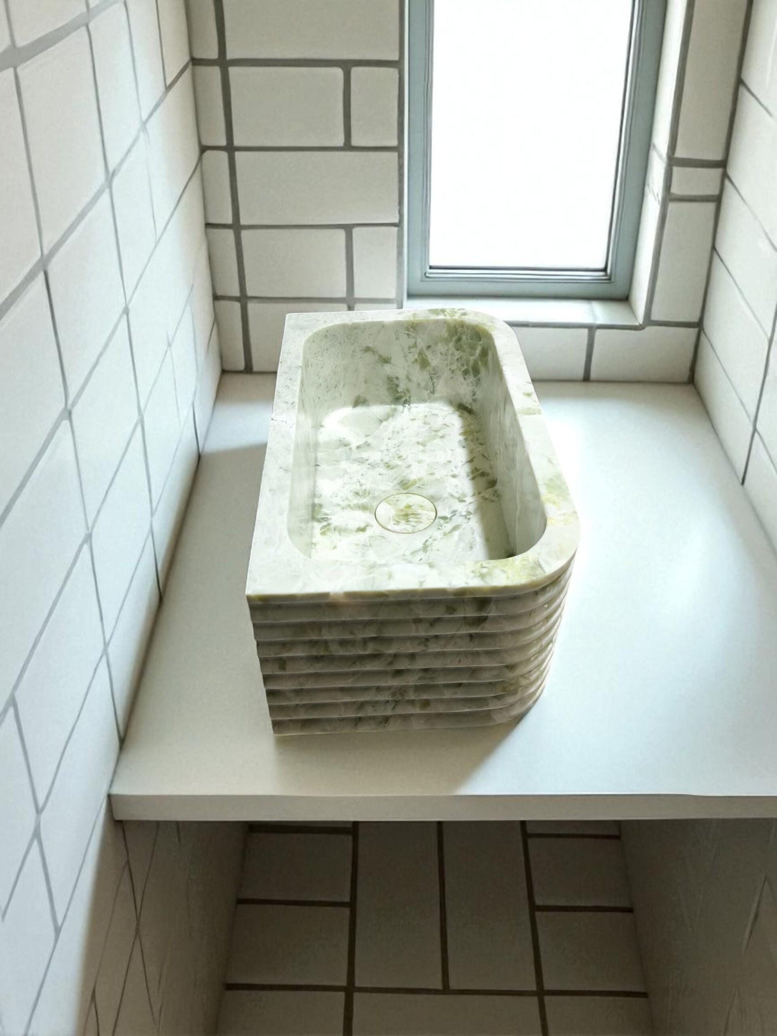 Yeşil Mermer Lavabo – Fluted Yüzeyli El Yapımı Minimalist Stone Basin - Görsel 4