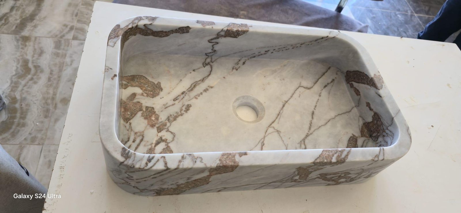 Dikdörtgen Gri Mermer Lavabo – Doğal Damarlı Modern Taş Banyo Lavabosu - Görsel 2