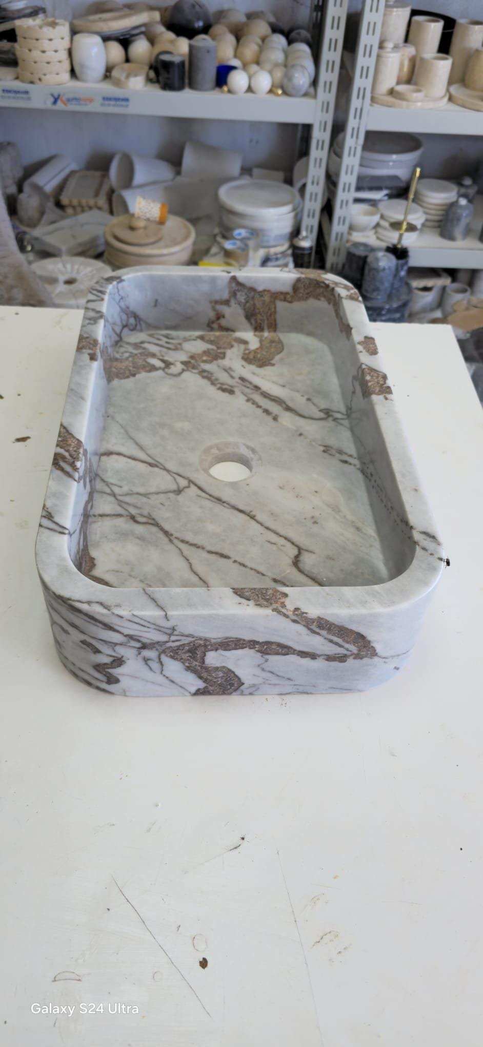 Dikdörtgen Gri Mermer Lavabo – Doğal Damarlı Modern Taş Banyo Lavabosu - Görsel 6