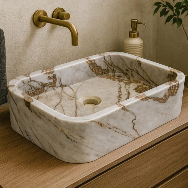Dikdörtgen Gri Mermer Lavabo – Doğal Damarlı Modern Taş Banyo Lavabosu