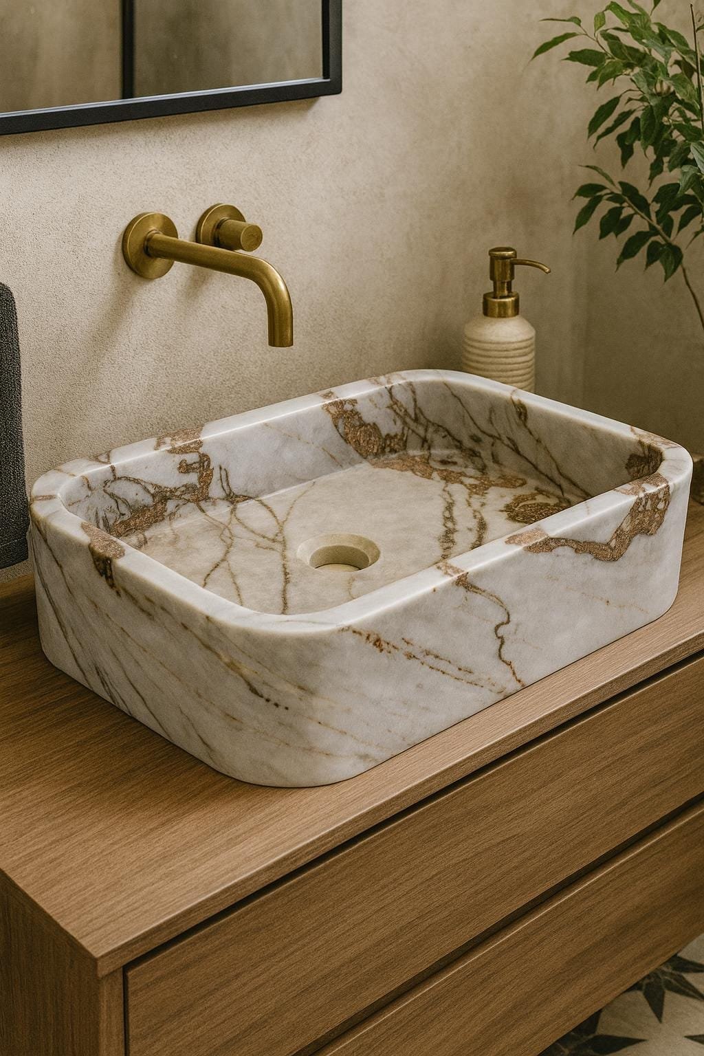 Dikdörtgen Gri Mermer Lavabo – Doğal Damarlı Modern Taş Banyo Lavabosu
