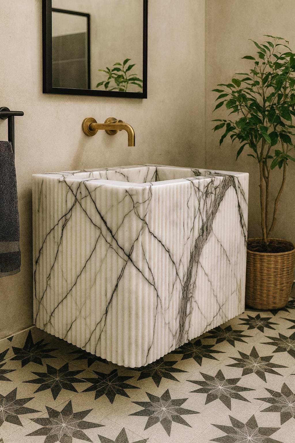 Flütlü Mermer Lavabo – Beyaz ve Gri Damarlı El Yapımı Banyo Tezgah Lavabosu