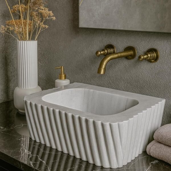 El Yapımı Carrara Mermer Lavabo – Flüt Kenarlı Banyo Tezgah Lavabosu
