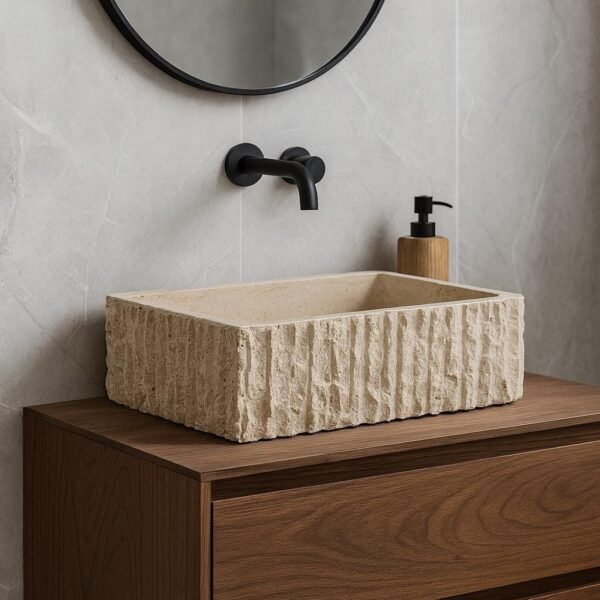 El Yapımı Traverten Lavabo – Rustik Küçük Banyo Lavabosu (9x16x5”)