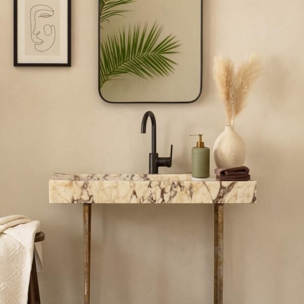 Calacatta Viola Mermer Lavabo – Büyük Boy El Yapımı Lüks Banyo Tezgahı (18x50x5”)