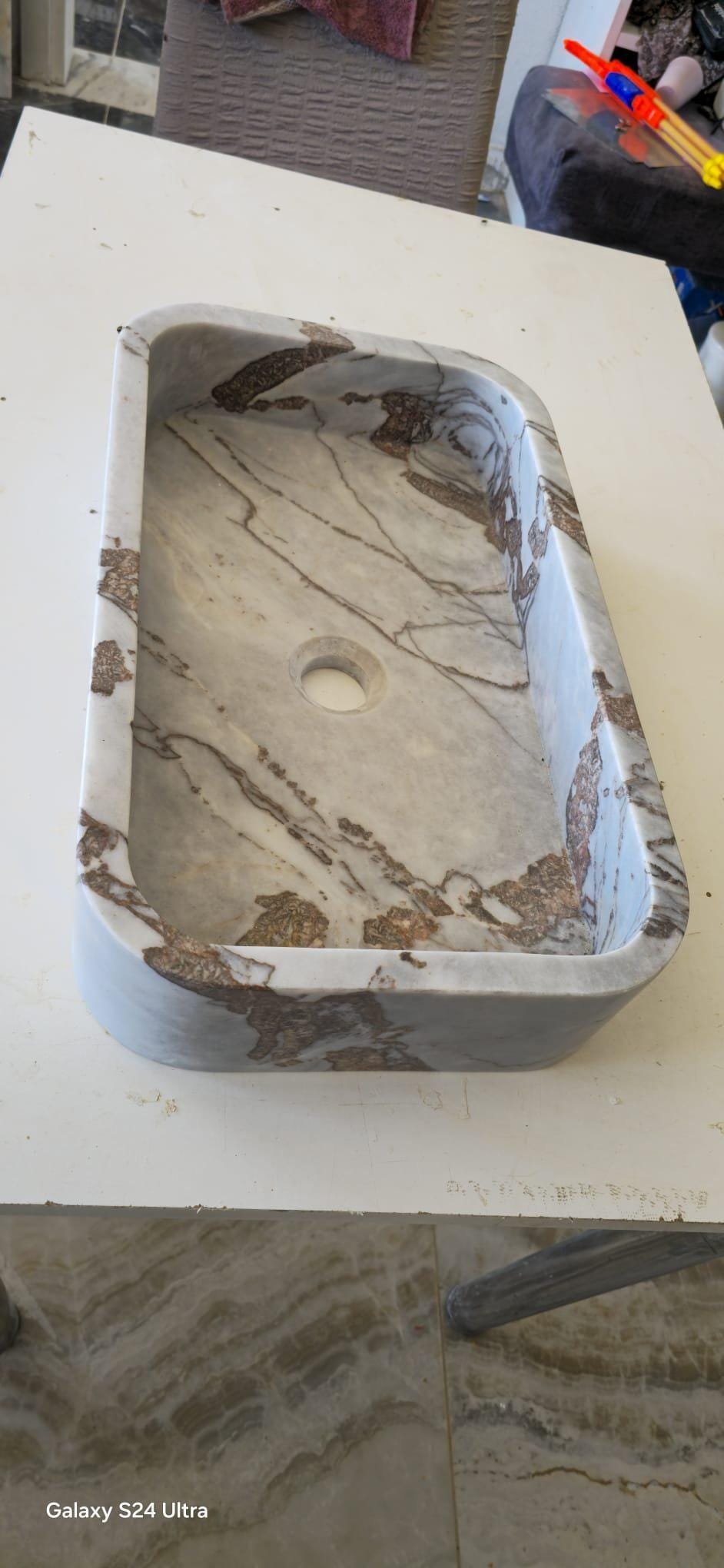 Dikdörtgen Gri Mermer Lavabo – Doğal Damarlı Modern Taş Banyo Lavabosu - Görsel 8