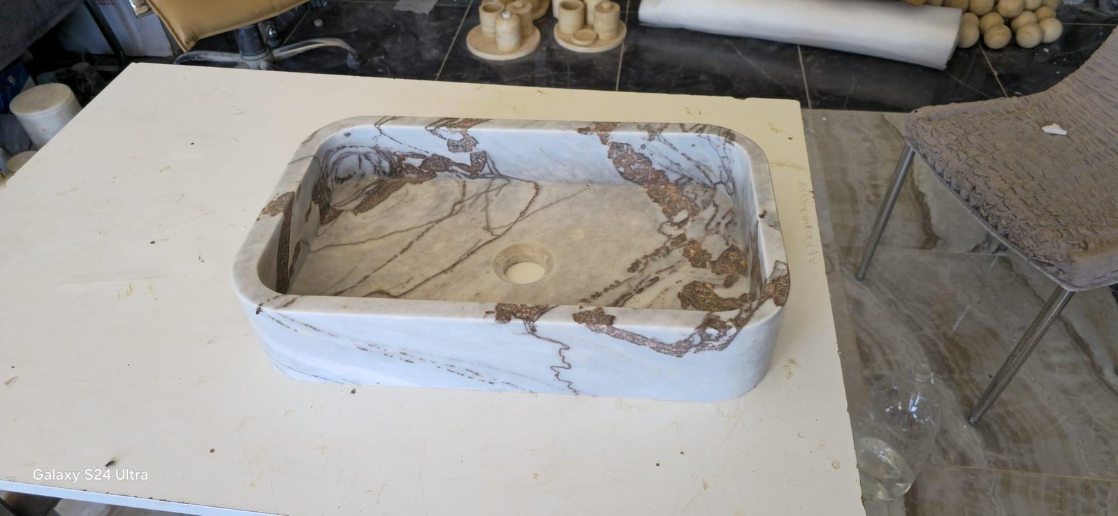 Dikdörtgen Gri Mermer Lavabo – Doğal Damarlı Modern Taş Banyo Lavabosu - Görsel 7