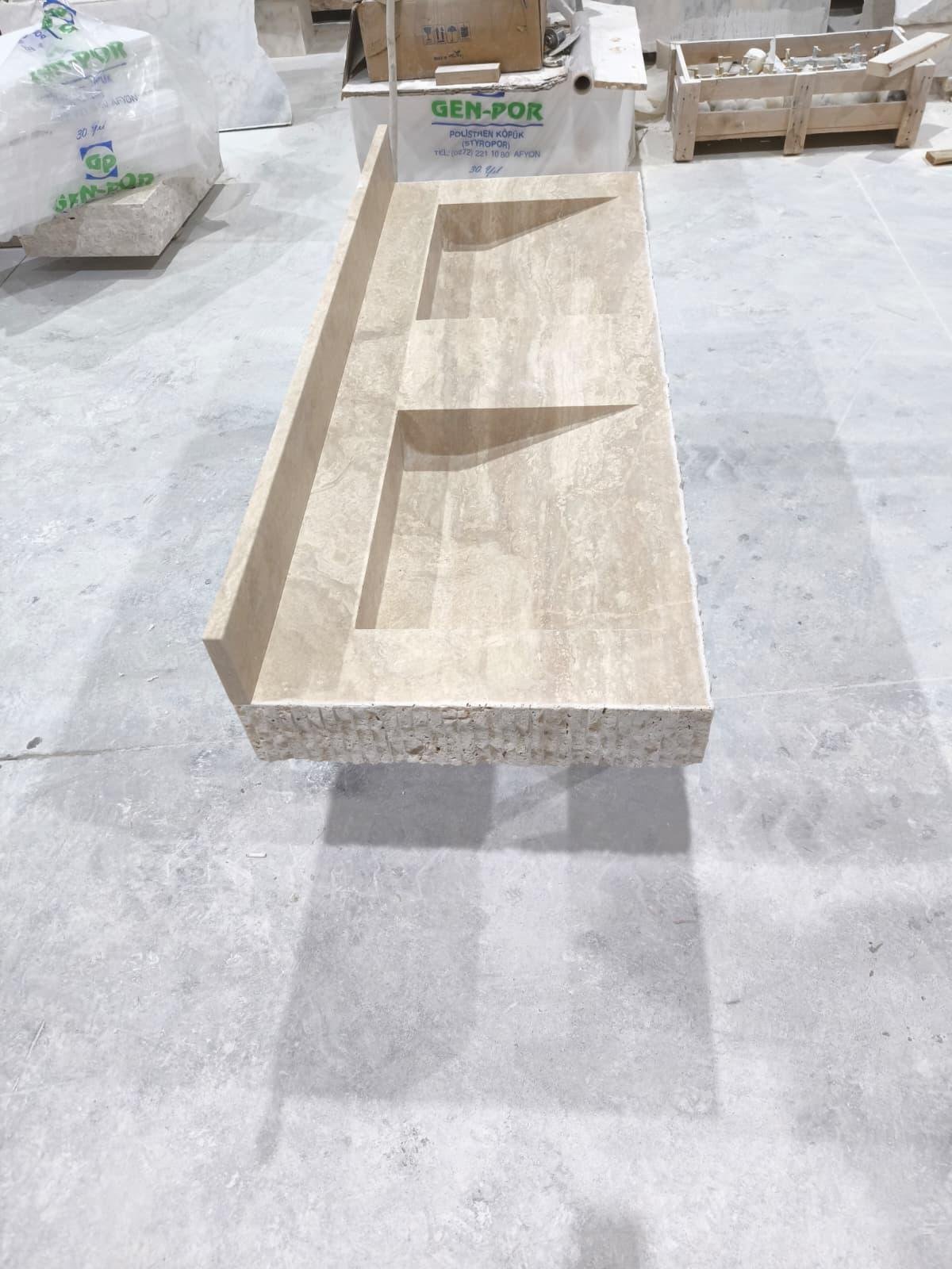 Traverten Çift Lavabo – 62” Rustik Bej Doğal Taş Banyo Tezgahı (Double Basin) - Görsel 9