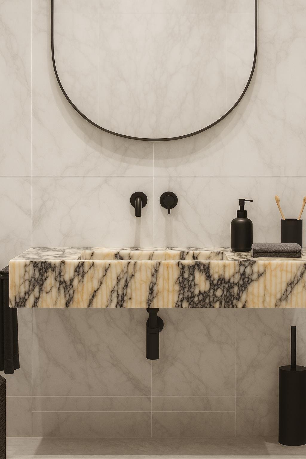 Calacatta Viola Yivli Mermer Lavabo – El Yapımı Çift Hazneli Lüks Banyo Tezgahı (55") - Görsel 3
