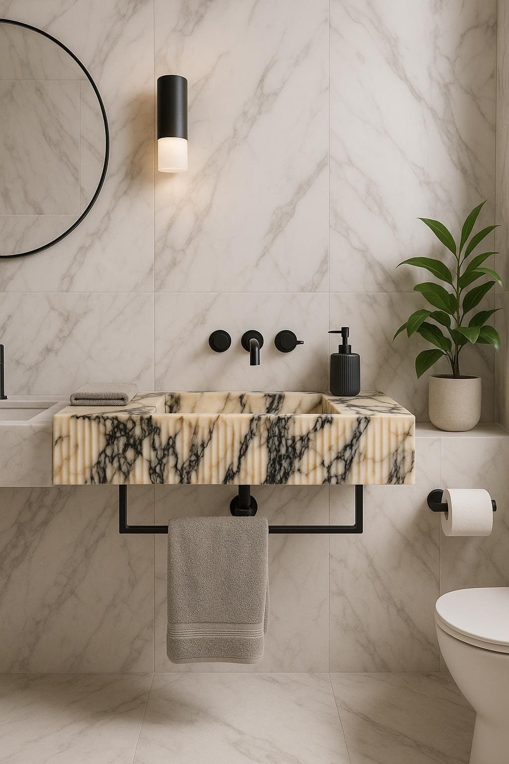 Calacatta Viola Yivli Mermer Lavabo – El Yapımı Çift Hazneli Lüks Banyo Tezgahı (55") - Görsel 4