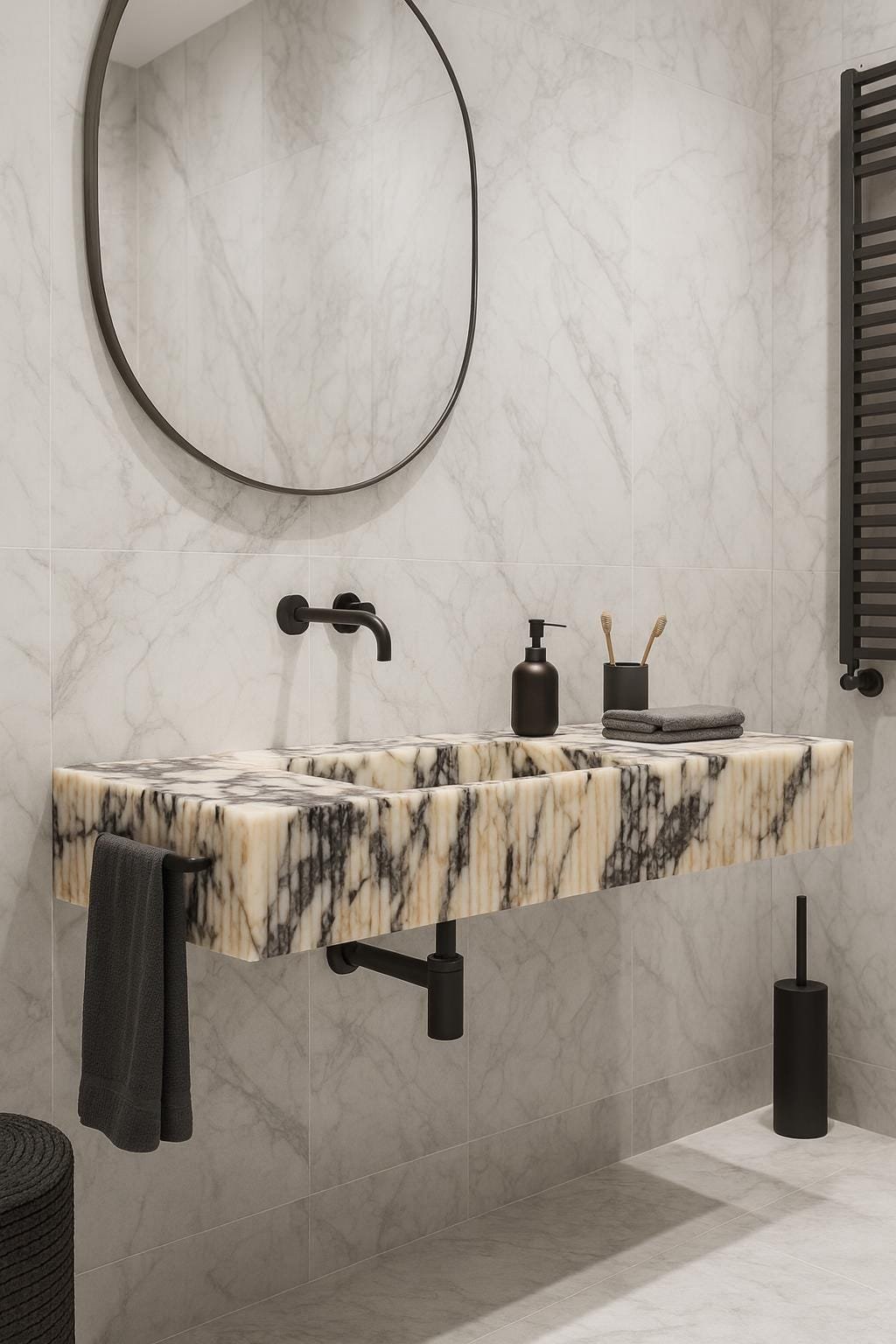Calacatta Viola Yivli Mermer Lavabo – El Yapımı Çift Hazneli Lüks Banyo Tezgahı (55") - Görsel 2