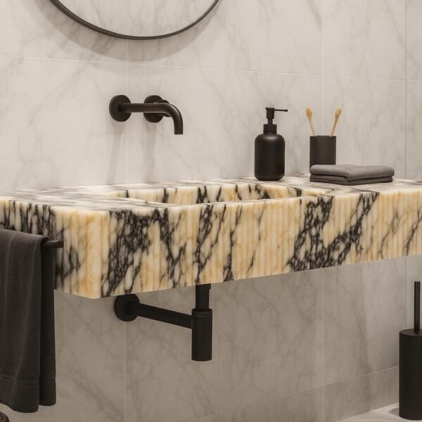 Calacatta Viola Yivli Mermer Lavabo – El Yapımı Çift Hazneli Lüks Banyo Tezgahı (55")