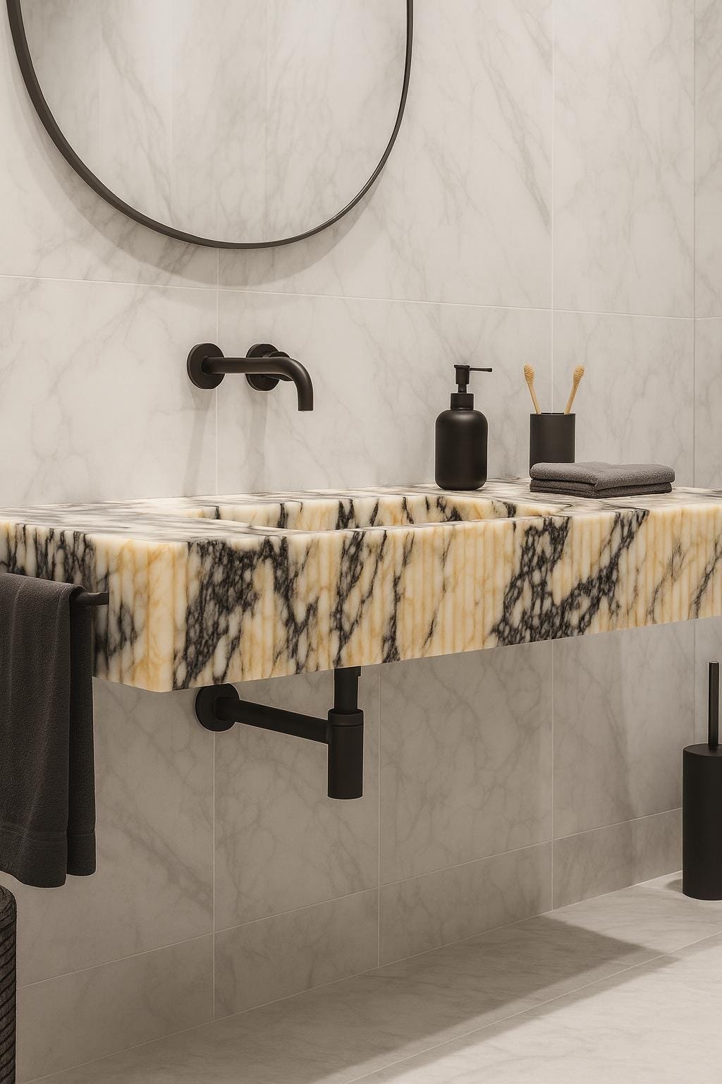 Calacatta Viola Yivli Mermer Lavabo – El Yapımı Çift Hazneli Lüks Banyo Tezgahı (55")