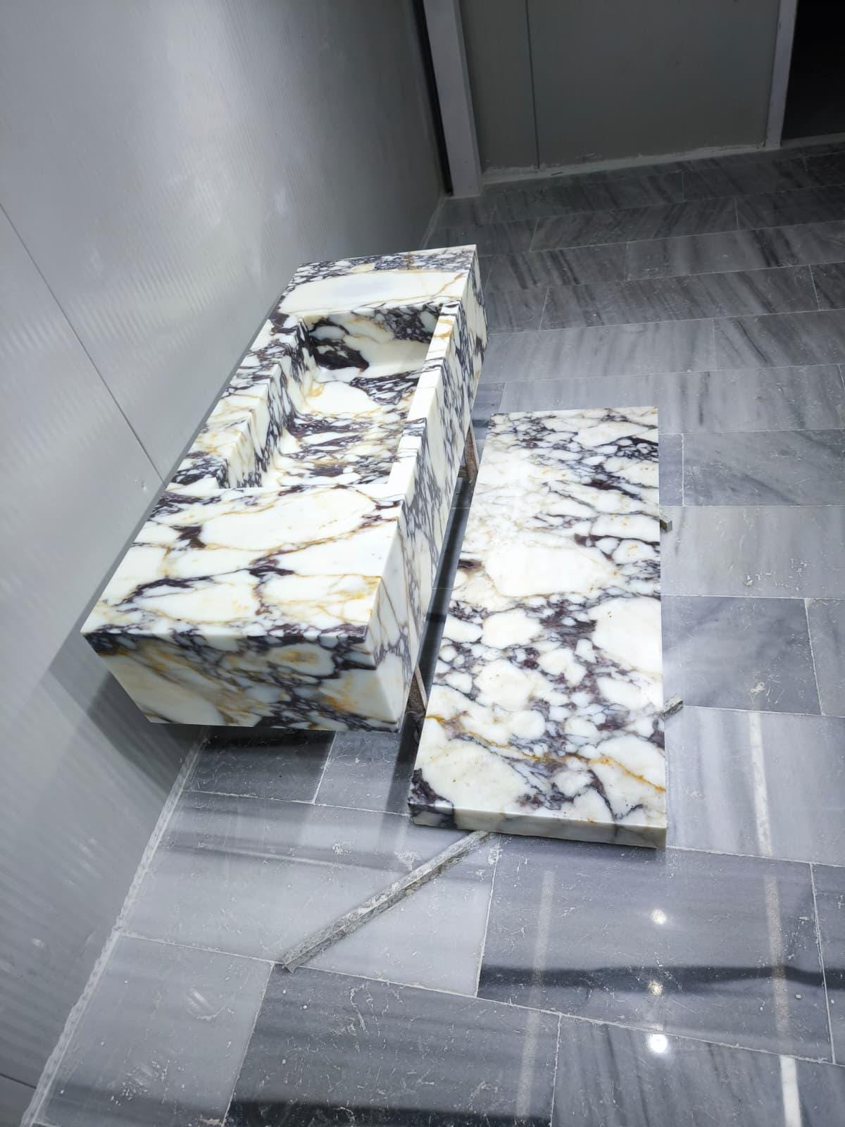 Calacatta Viola Mermer Lavabo ve Raf Seti – Duvara Monte (Floating) Lüks Banyo Tezgahı - Görsel 7