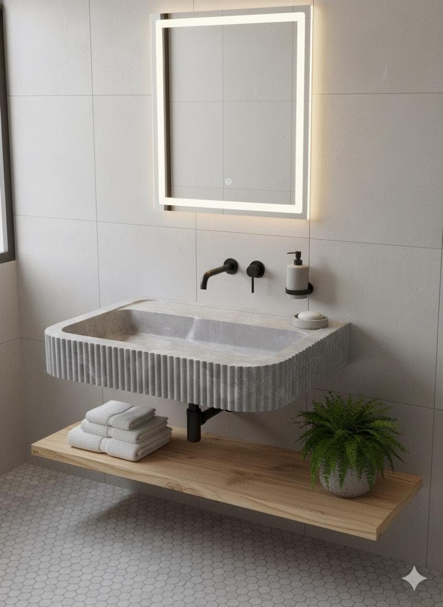 Tundra Gri Mermer Lavabo – Yivli (Fluted) Modern Taş Banyo Tezgahı (32") - Görsel 2