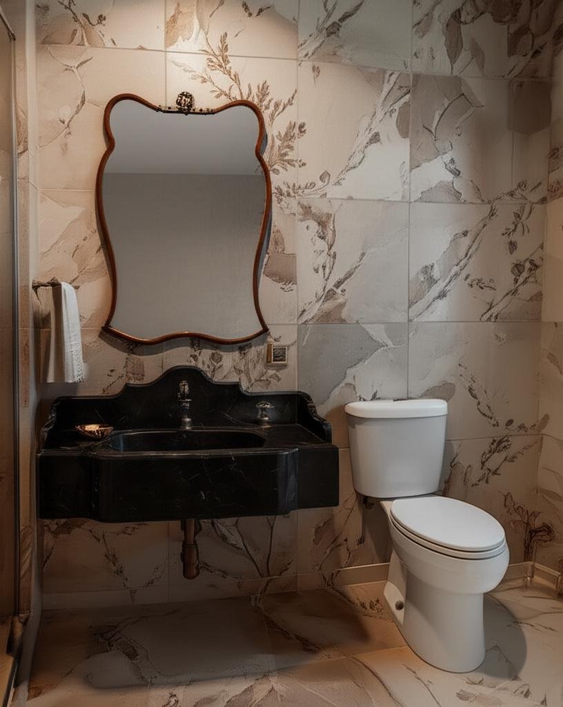 Nero Marquina Mermer Lavabo – Sırt Panelli (Backsplash) Klasik Siyah Lüks Banyo Tezgahı (36") - Görsel 4