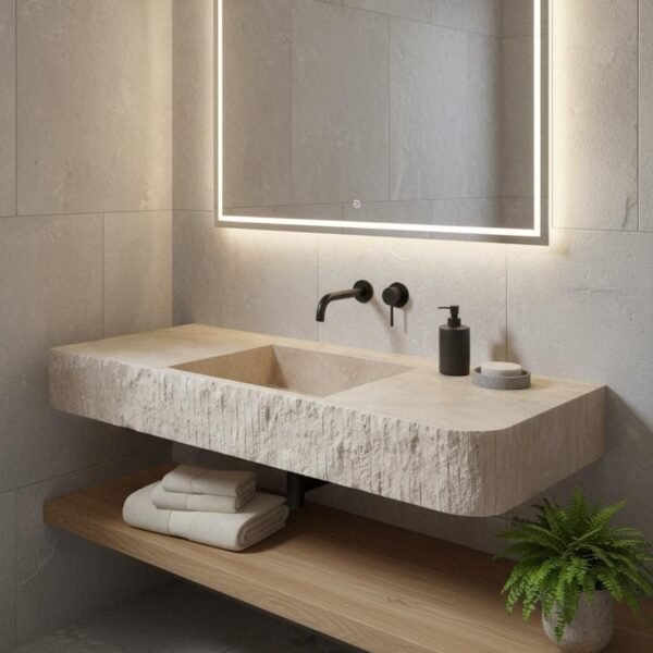 Traverten Mermer Lavabo – Çift Hazneli, Dokulu Ön Yüzeyli Lüks Vanity Top (55")