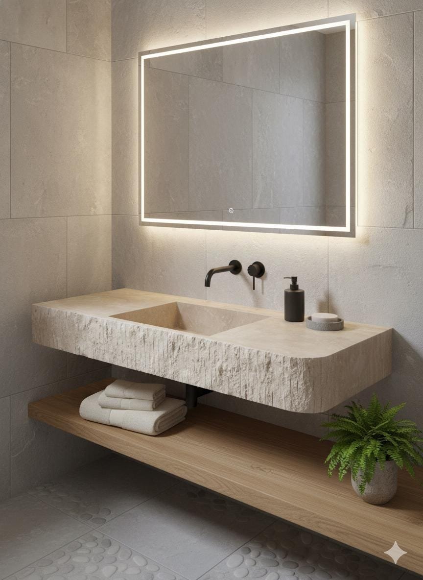 Traverten Mermer Lavabo – Çift Hazneli, Dokulu Ön Yüzeyli Lüks Vanity Top (55")