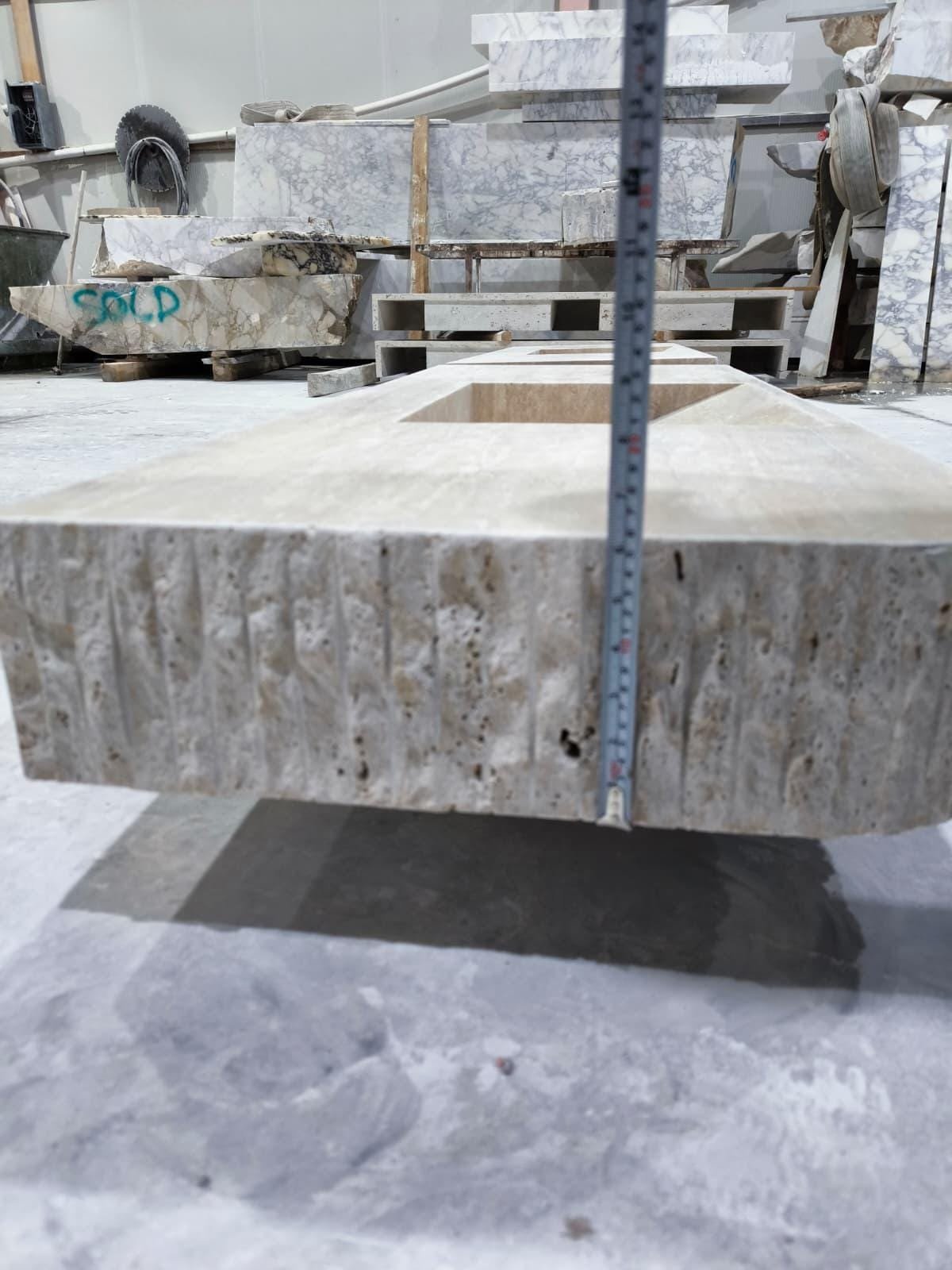 Traverten Mermer Lavabo – Çift Hazneli, Dokulu Ön Yüzeyli Lüks Vanity Top (55") - Görsel 8