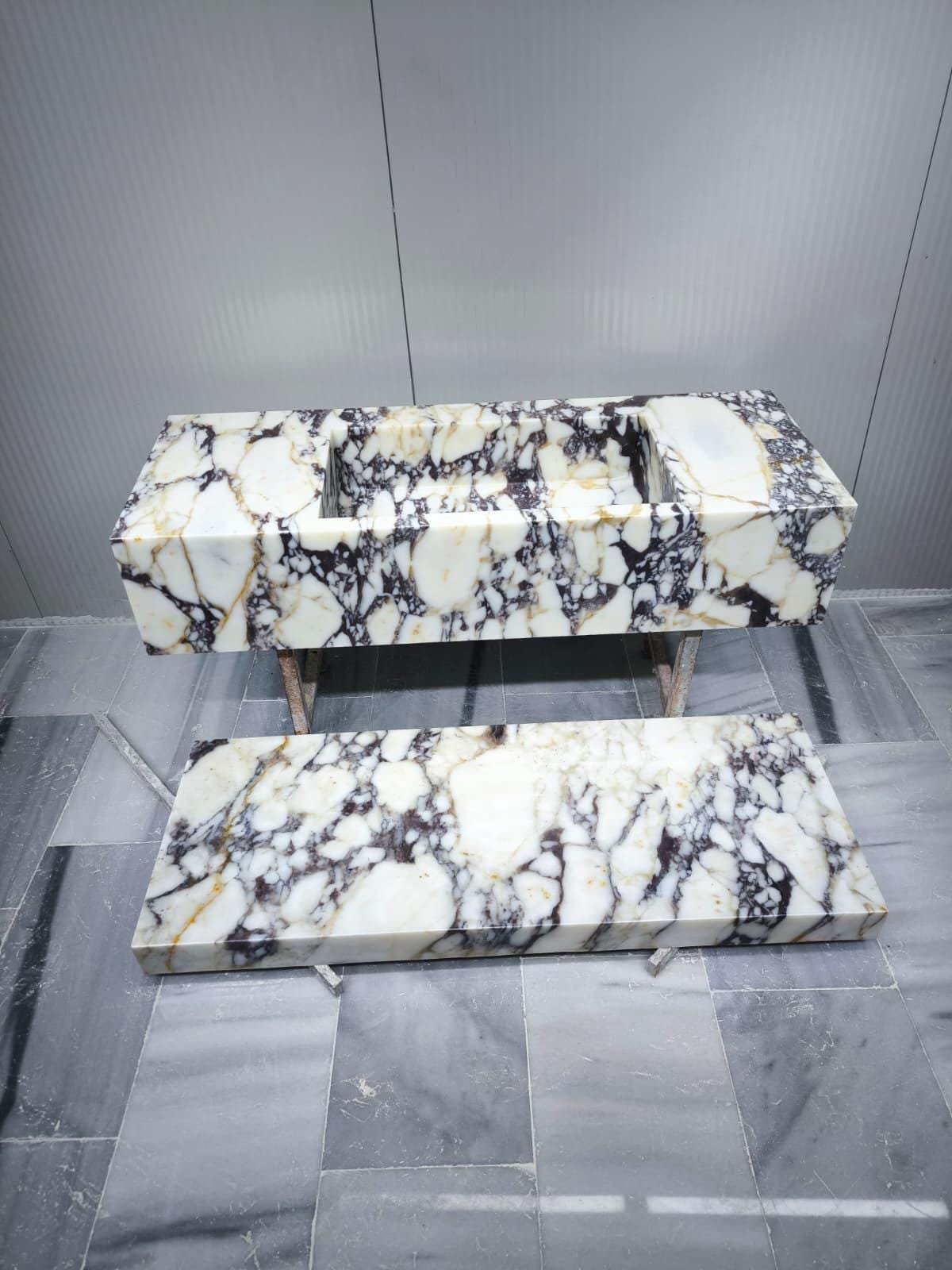 Calacatta Viola Mermer Lavabo ve Raf Seti – Duvara Monte (Floating) Lüks Banyo Tezgahı - Görsel 2