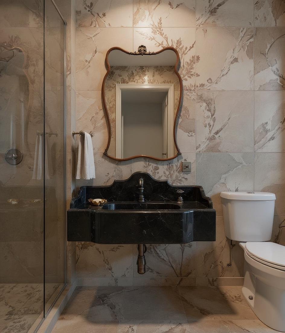 Nero Marquina Mermer Lavabo – Sırt Panelli (Backsplash) Klasik Siyah Lüks Banyo Tezgahı (36") - Görsel 3