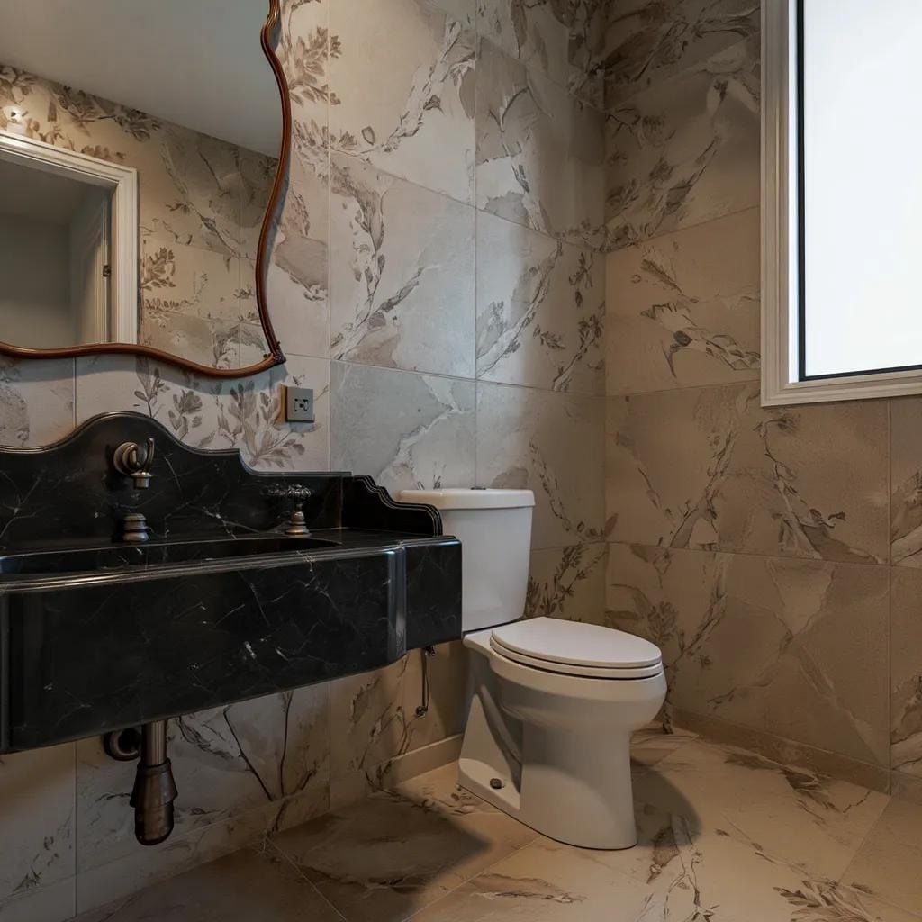 Nero Marquina Mermer Lavabo – Sırt Panelli (Backsplash) Klasik Siyah Lüks Banyo Tezgahı (36") - Görsel 8