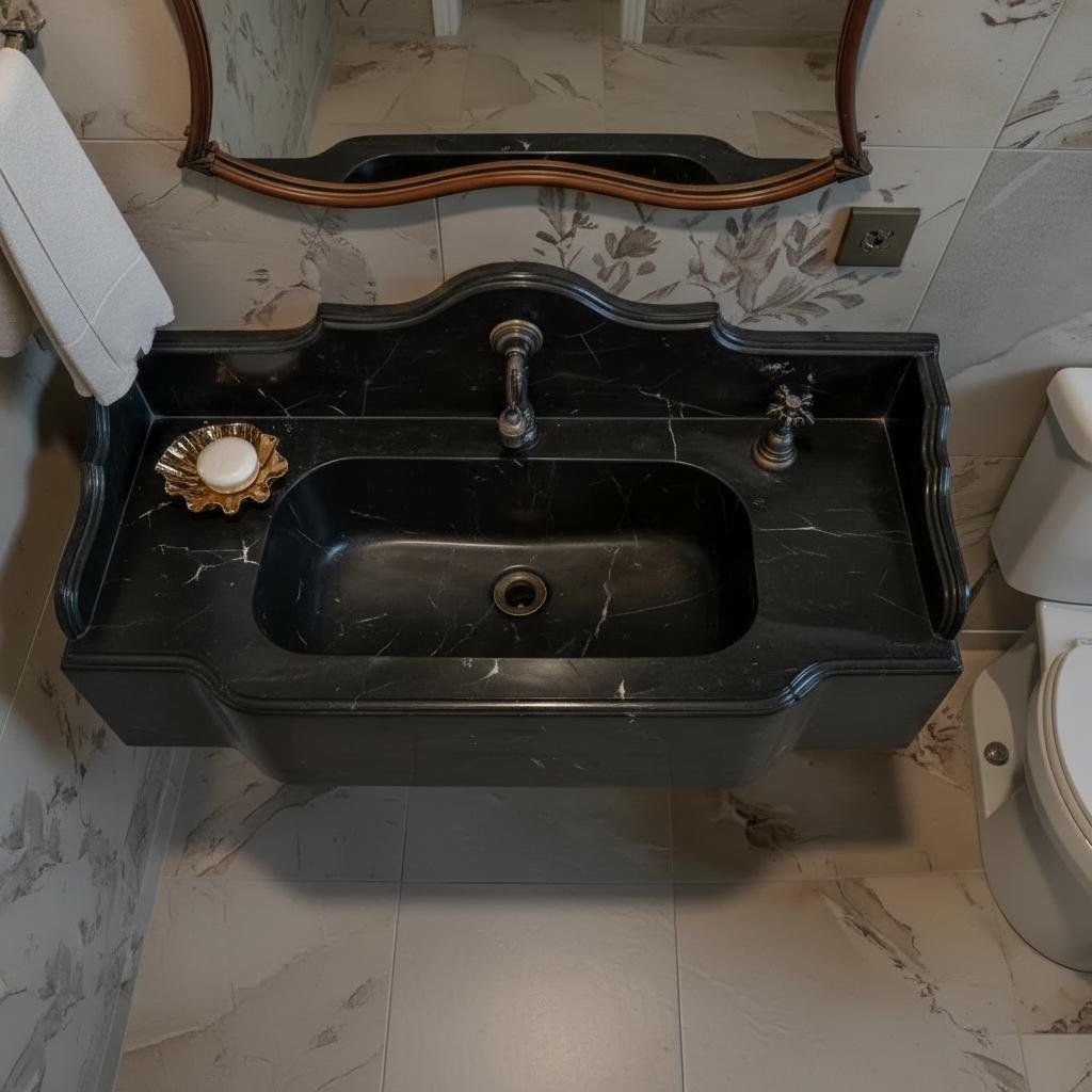 Nero Marquina Mermer Lavabo – Sırt Panelli (Backsplash) Klasik Siyah Lüks Banyo Tezgahı (36") - Görsel 7