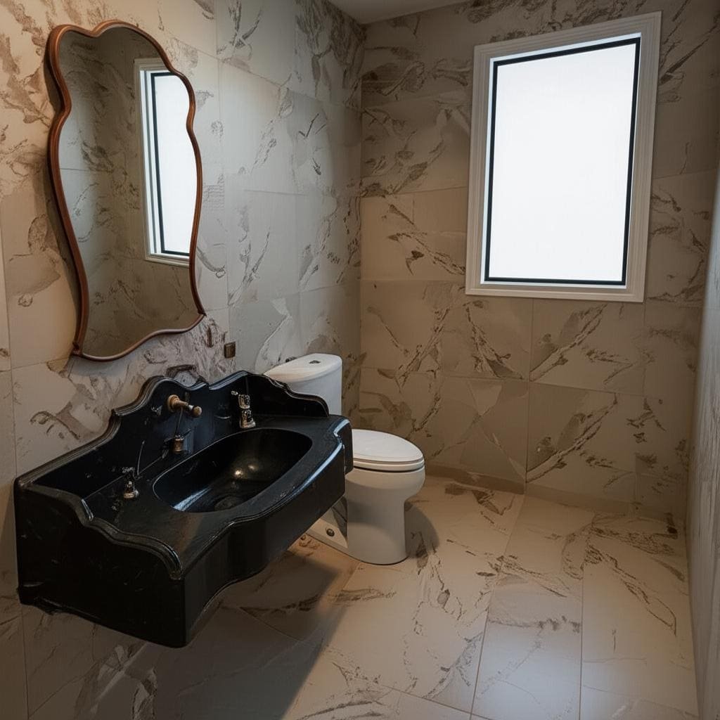 Nero Marquina Mermer Lavabo – Sırt Panelli (Backsplash) Klasik Siyah Lüks Banyo Tezgahı (36") - Görsel 9