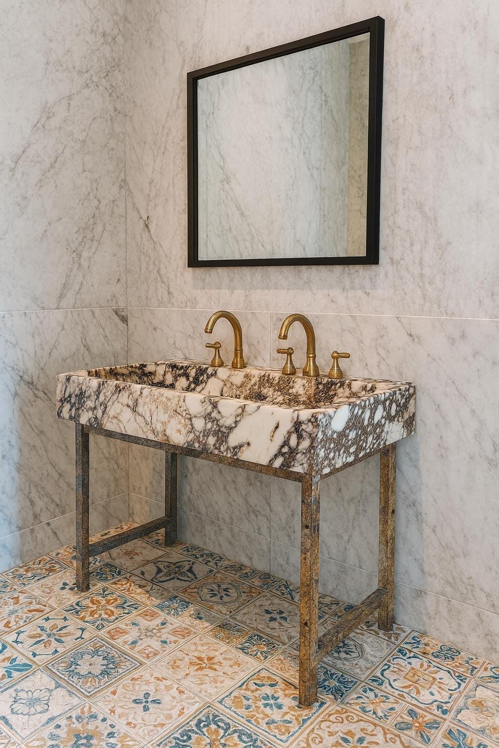 Calacatta Viola Mermer Lavabo Tezgahı – Çift Bataryalı (Double Faucet) Lüks Vanity Top (36")