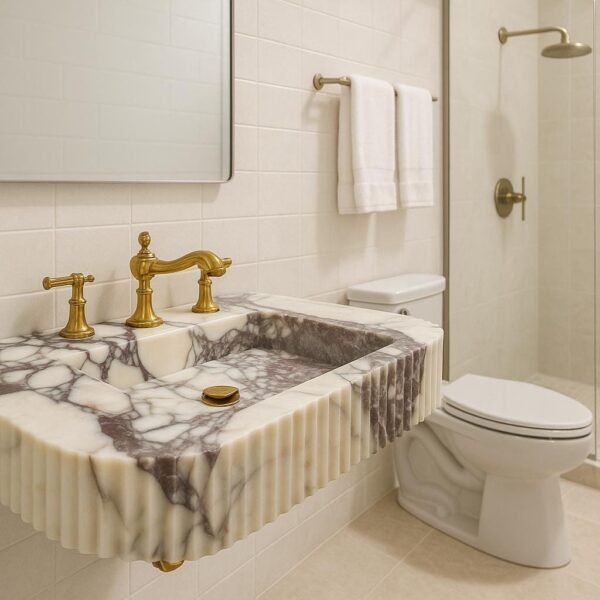 Monet Mermer Lavabo – Duvar Montajlı, Yivli (Fluted) Ön Yüzeyli Lüks Vanity (30")